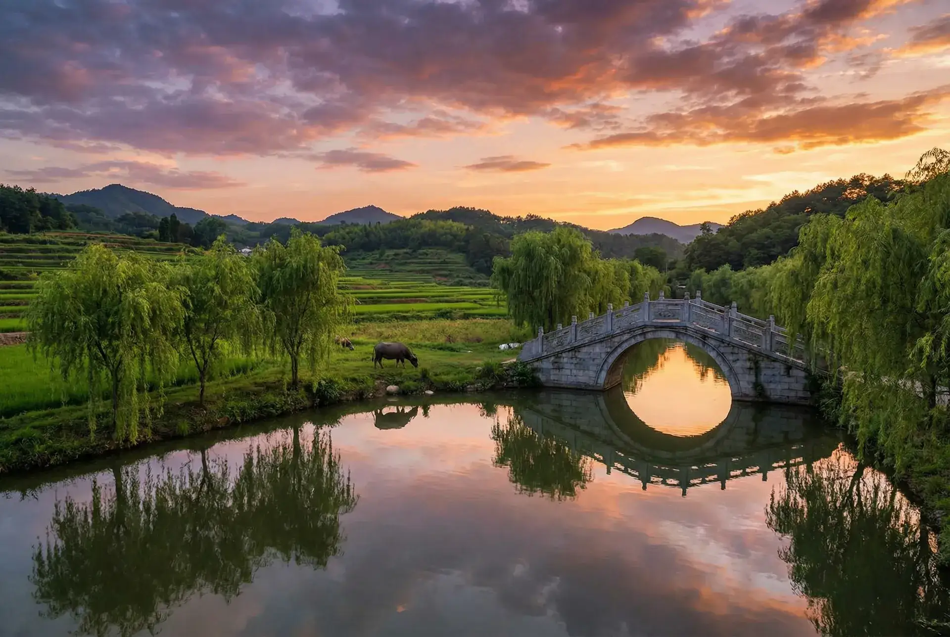 夕阳下的石拱桥与垂柳，水牛在河边吃草 - 2021没封的网站有人分享吗免费的 乡村美景